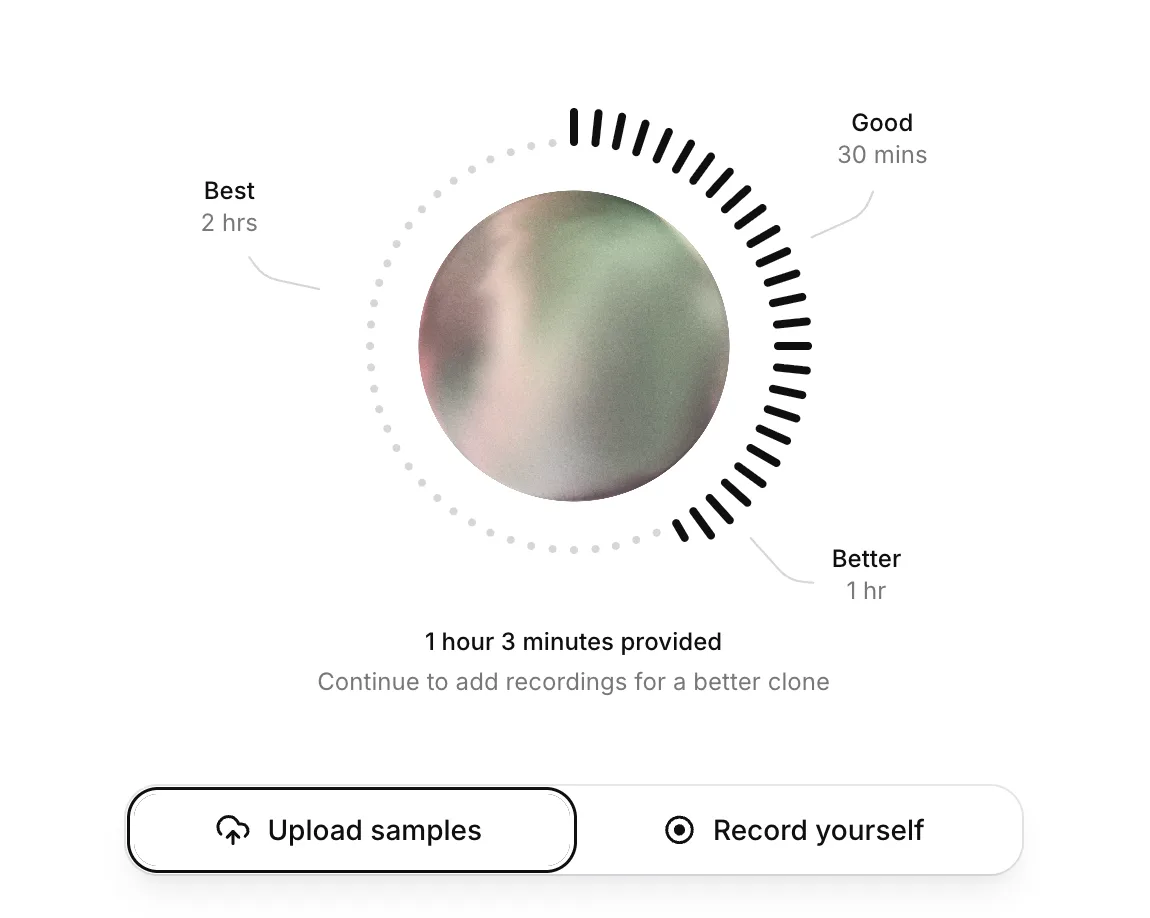 Medidor de calidad de subida mostrando 1 hora y 3 minutos de audio aportado