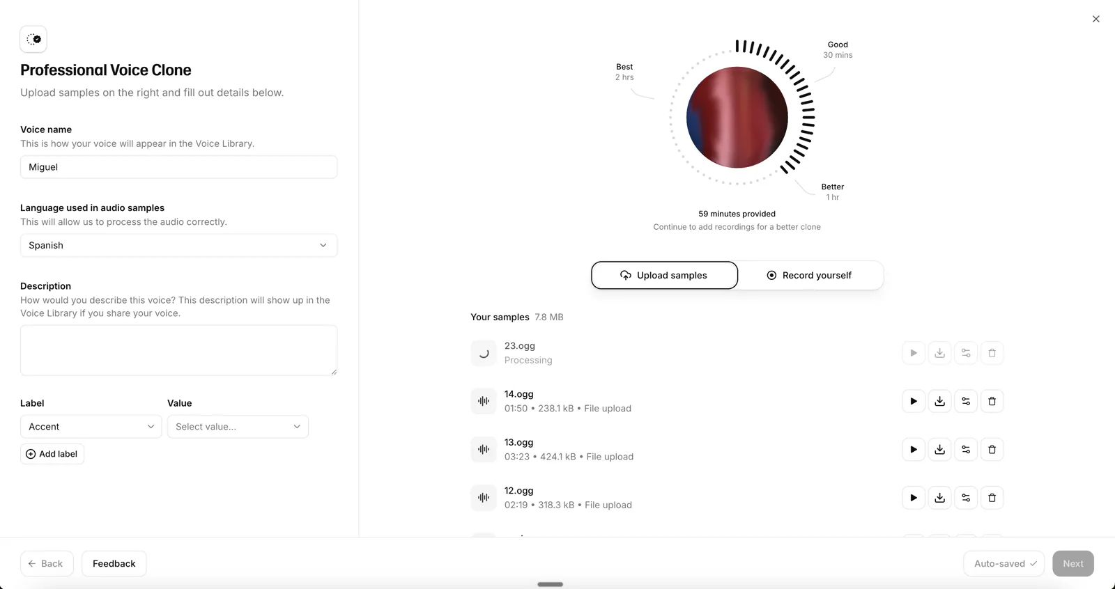 Pantalla de configuración de Professional Voice Clone en ElevenLabs