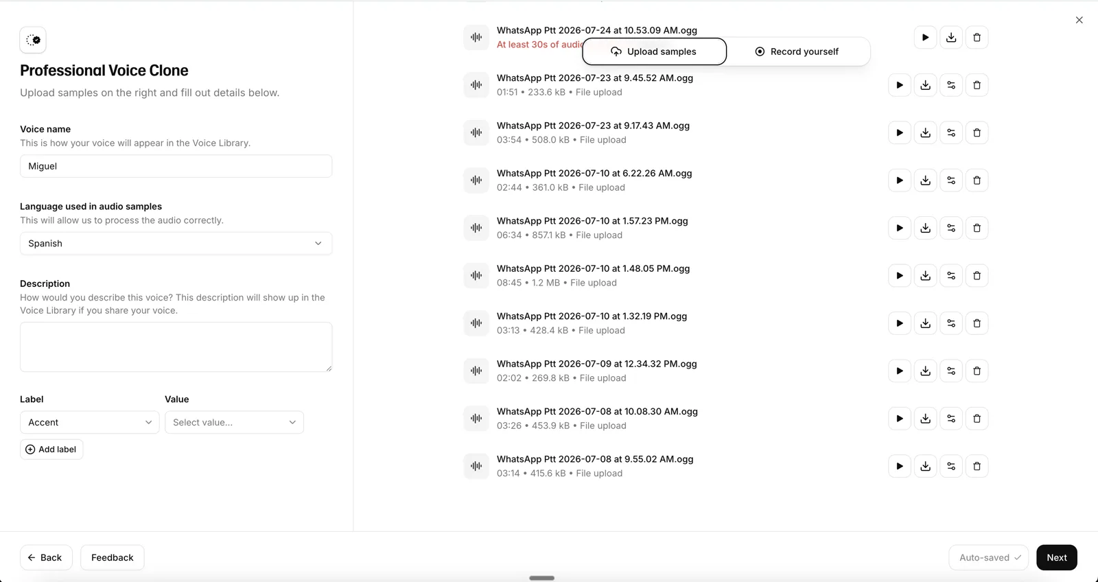 Lista de notas de voz de WhatsApp subidas como material de entrenamiento